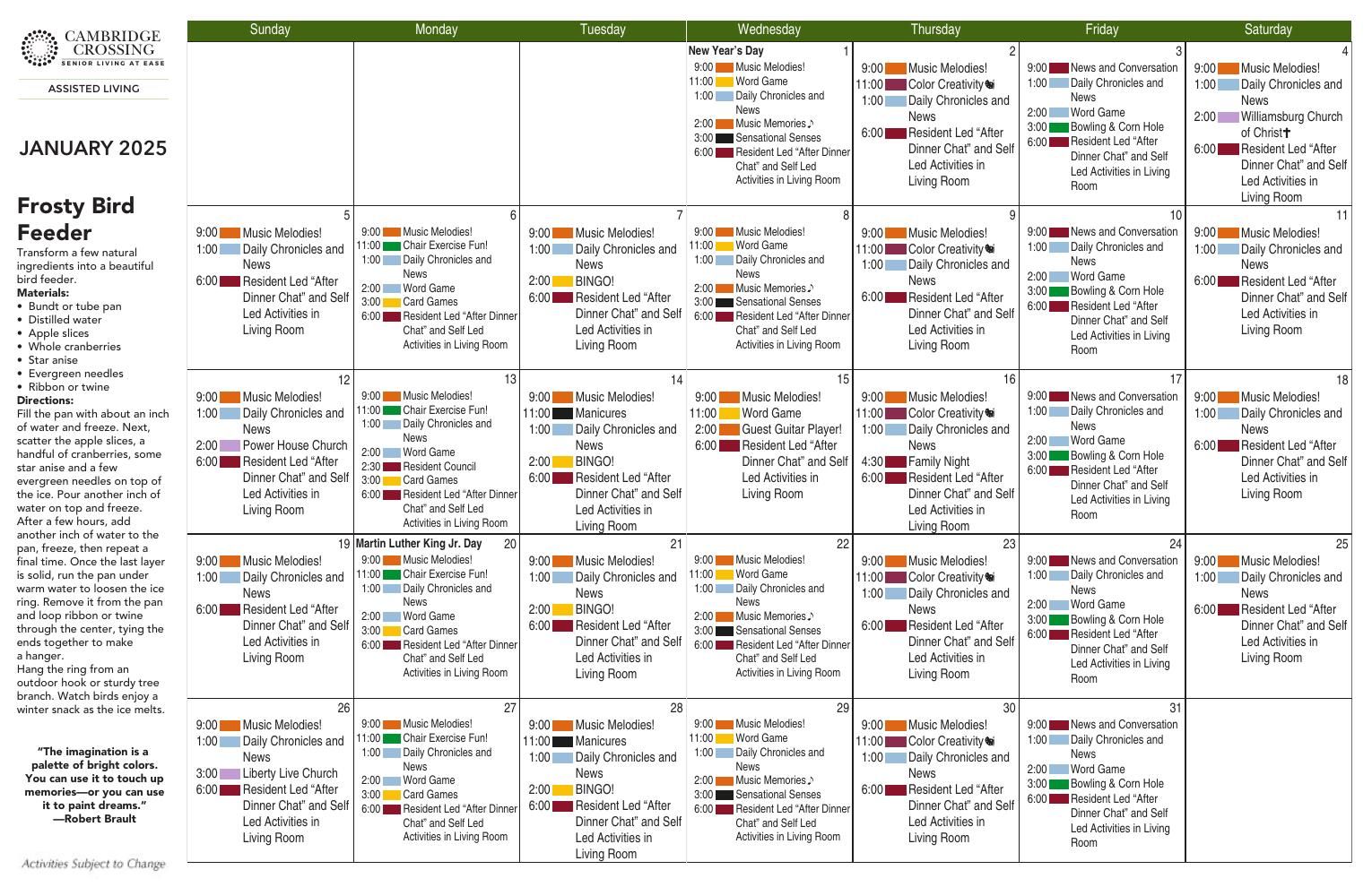 Assisted Living Event Calendar