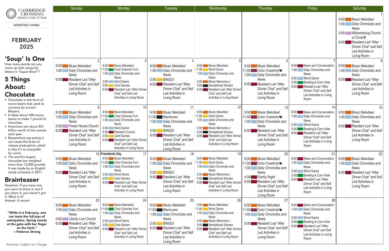 Assisted Living Event Calendar