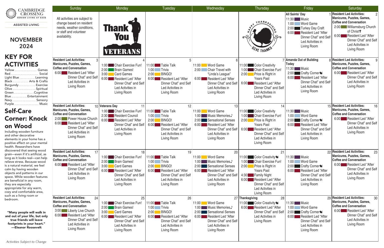 Assisted Living Event Calendar